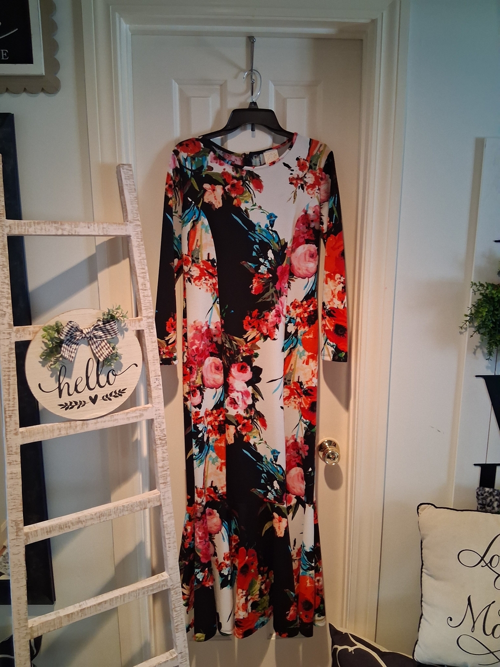 Black & Cream Floral Maxi Dress with Pink and Red Blooms